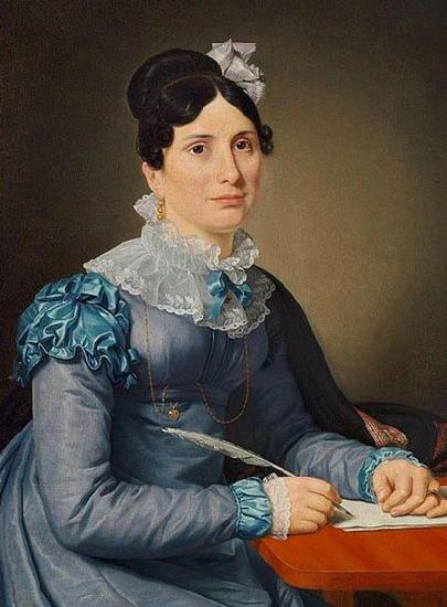 Christoffer Wilhelm Eckersberg Portrat af Sarah Wolff f. Cruttendon siddende i bla kjole, skrivende et brev oil painting picture